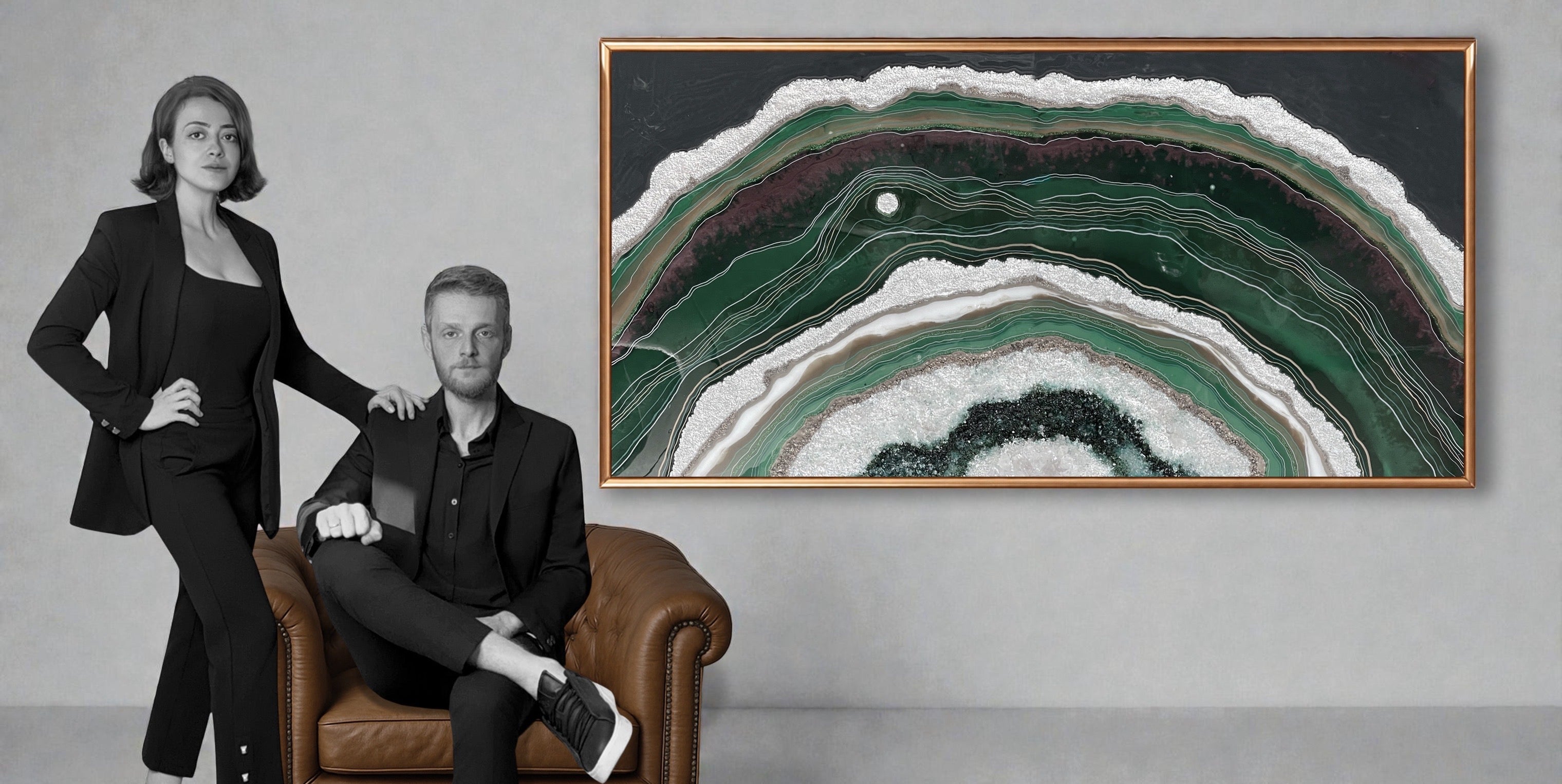 Founders of 39 Art Studio with a green geode resin artwork