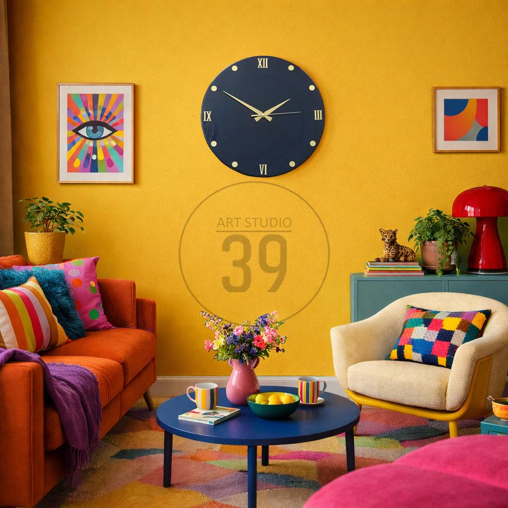A vibrant living room with a yellow wall, featuring a large navy blue clock, colorful artwork, and an orange sofa. A blue coffee table holds a pink vase and a bowl of lemons. The text "ART STUDIO 39" is visible.