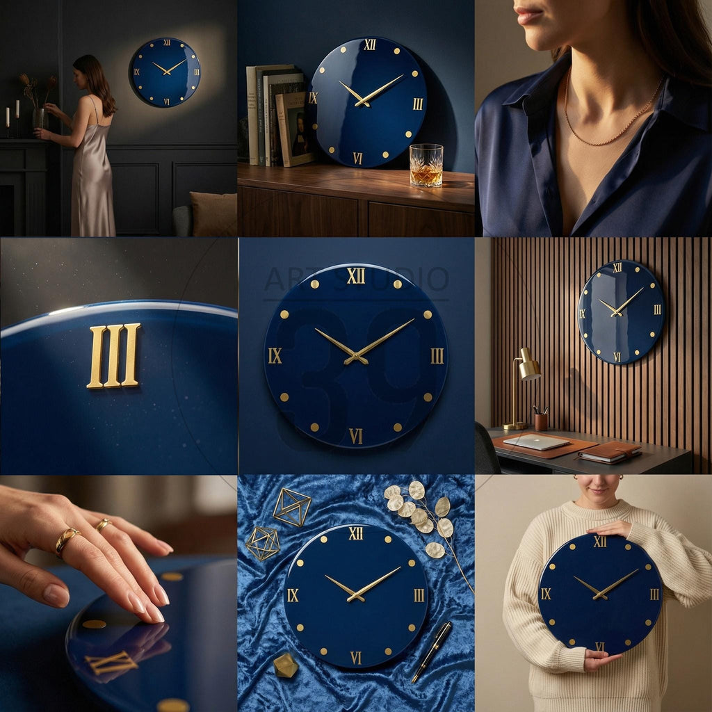 A collection of navy blue wall clocks with gold-colored Roman numerals and hands. The clocks are round and have a glossy finish. The image showcases the clocks in various settings, highlighting their design and aesthetic appeal.