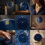 A collection of navy blue wall clocks with gold-colored Roman numerals and hands. The clocks are round and have a glossy finish. The image showcases the clocks in various settings, highlighting their design and aesthetic appeal.