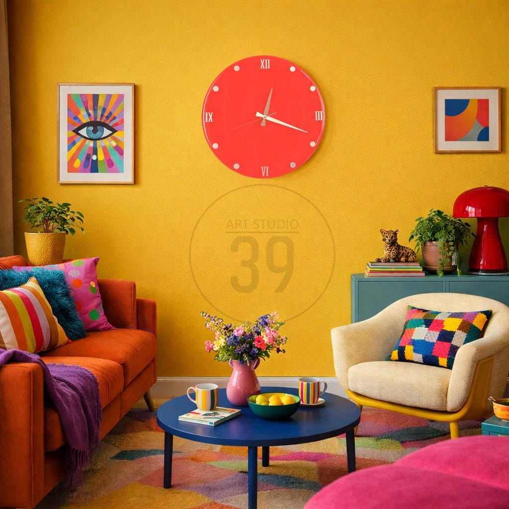 Modern Neon Orange Resin Wall Clock, Silver Accents, Silent Movement