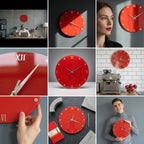 A vibrant red wall clock with silver hands and Roman numeral hour markers. The clock is round and has a glossy finish. The clock is a modern decorative piece.