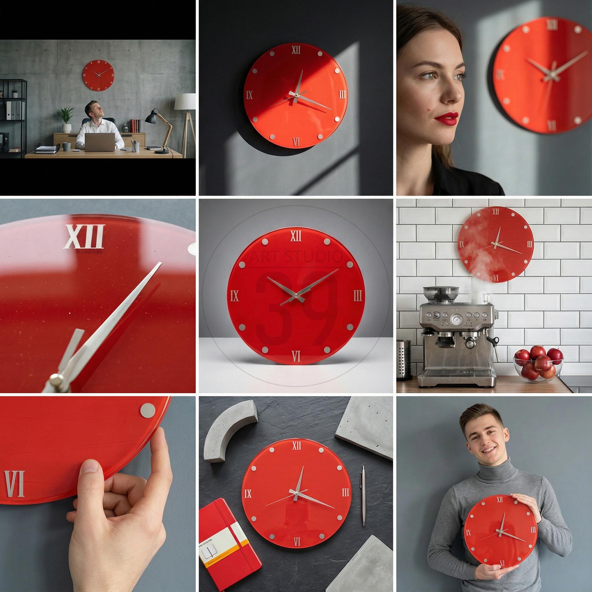A vibrant red wall clock with silver hands and Roman numeral hour markers. The clock is round and has a glossy finish. The clock is a modern decorative piece.