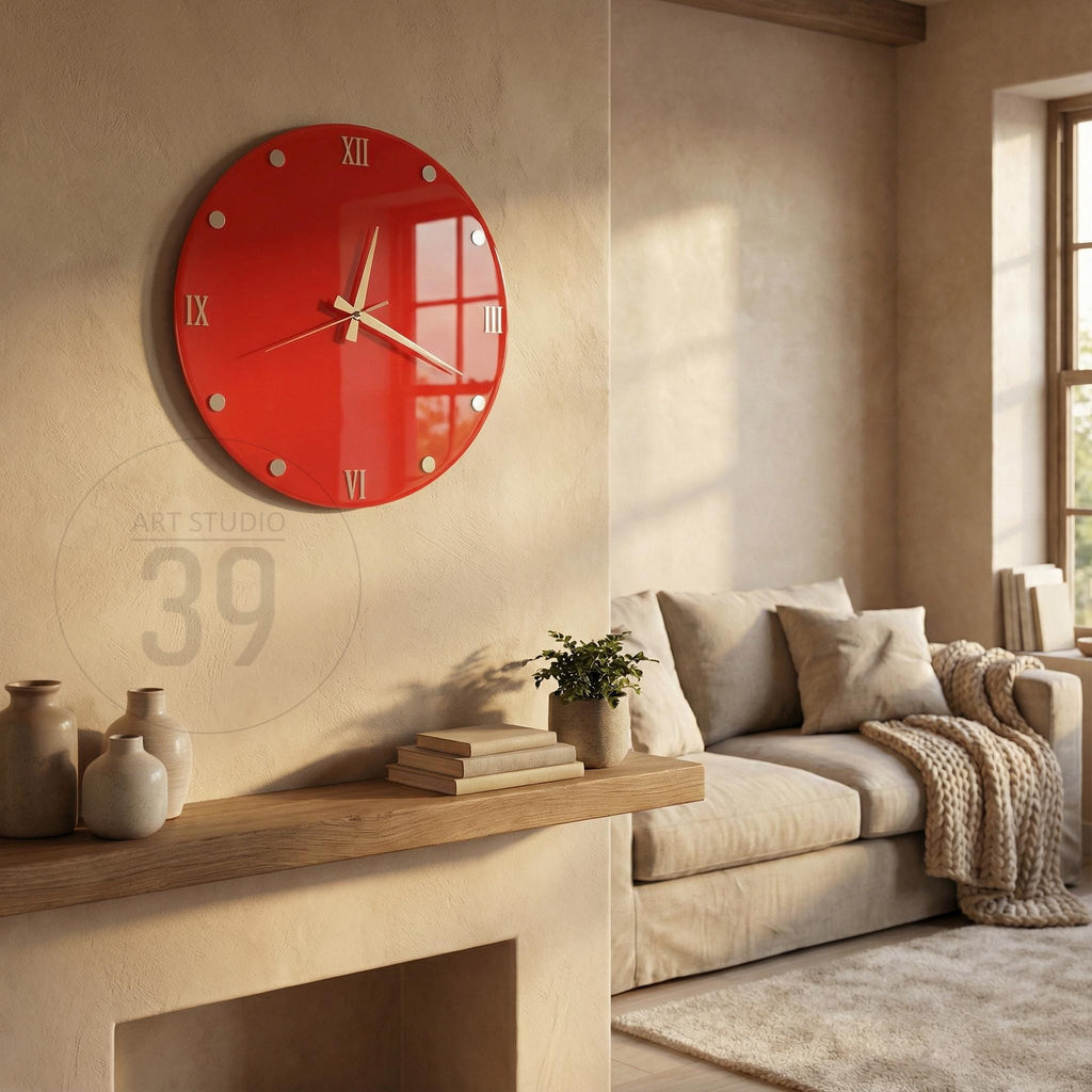 A round, red wall clock with Roman numerals and silver accents. The clock is mounted on a beige wall in a living room setting. The clock's hands are light-colored, and the time is approximately 2:30.