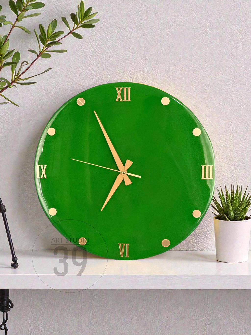 Handmade Emerald Green Resin Wall Clock, Gold Accents, Silent Movement