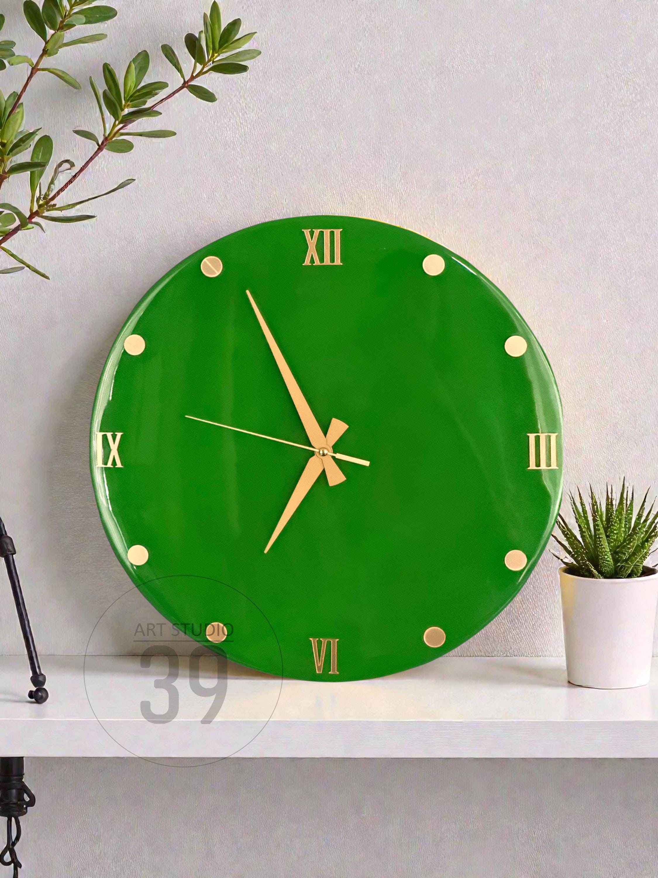 Handmade Emerald Green Resin Wall Clock, Gold Accents, Silent Movement