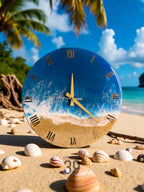 A round wall clock with a beach scene design. The clock face features a blue ocean with white waves and a sandy beach. Gold Roman numerals and clock hands complete the design. The clock is surrounded by seashells.