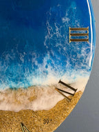 A round wall clock with a beach-themed design. The clock face features a blue ocean with white foamy waves, a sandy beach, and gold Roman numerals. The number 39 is visible on the clock face.