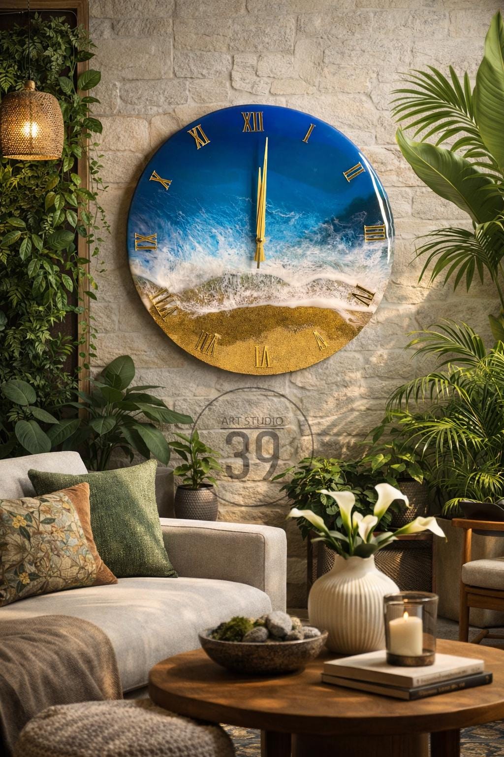 A large, round wall clock with a beach-themed design. The clock face features a blue ocean, white waves, and golden sand, with gold Roman numerals. The clock is mounted on a textured stone wall, surrounded by plants.