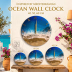 Ocean-themed wall clocks in various sizes: 40, 50, and 60 cm. The clocks feature a blue and white ocean design with gold Roman numerals and hands. The clocks are displayed on a wooden surface.