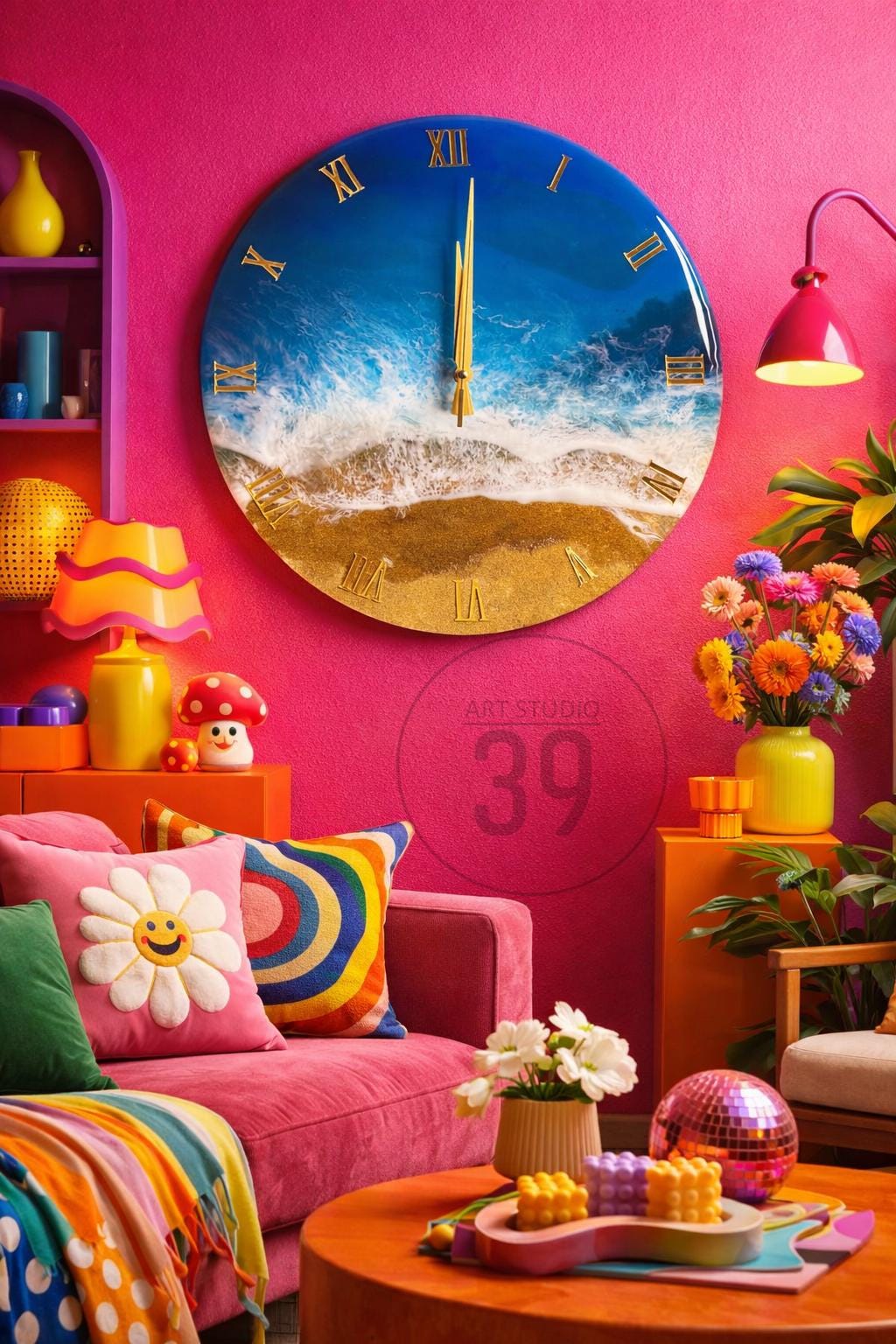 A large, round wall clock with a beach scene design hangs on a pink wall. The clock face features a blue ocean, golden sand, and gold Roman numerals. The room is decorated with colorful furniture and decor.