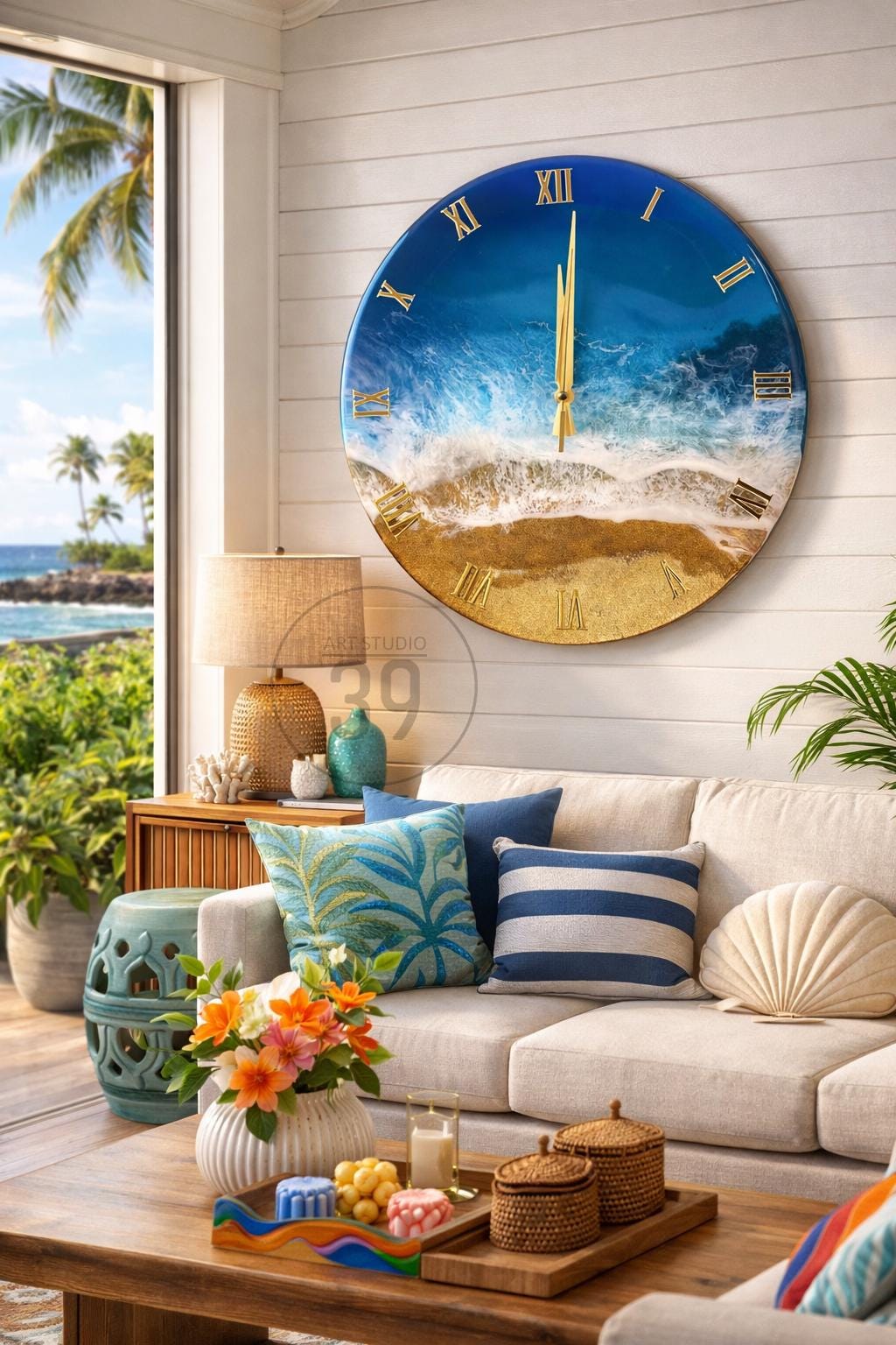 A large, round wall clock with a beach-themed design. The clock face features a blue resin ocean scene with gold Roman numerals and hands. The clock is mounted on a white wall in a living room setting.