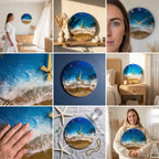 Round wall clock with a blue and gold ocean design. The clock face features a beach scene with waves, sand, and a blue sky. Gold hands and Roman numerals complete the design. The clock is a decorative piece for home decor.