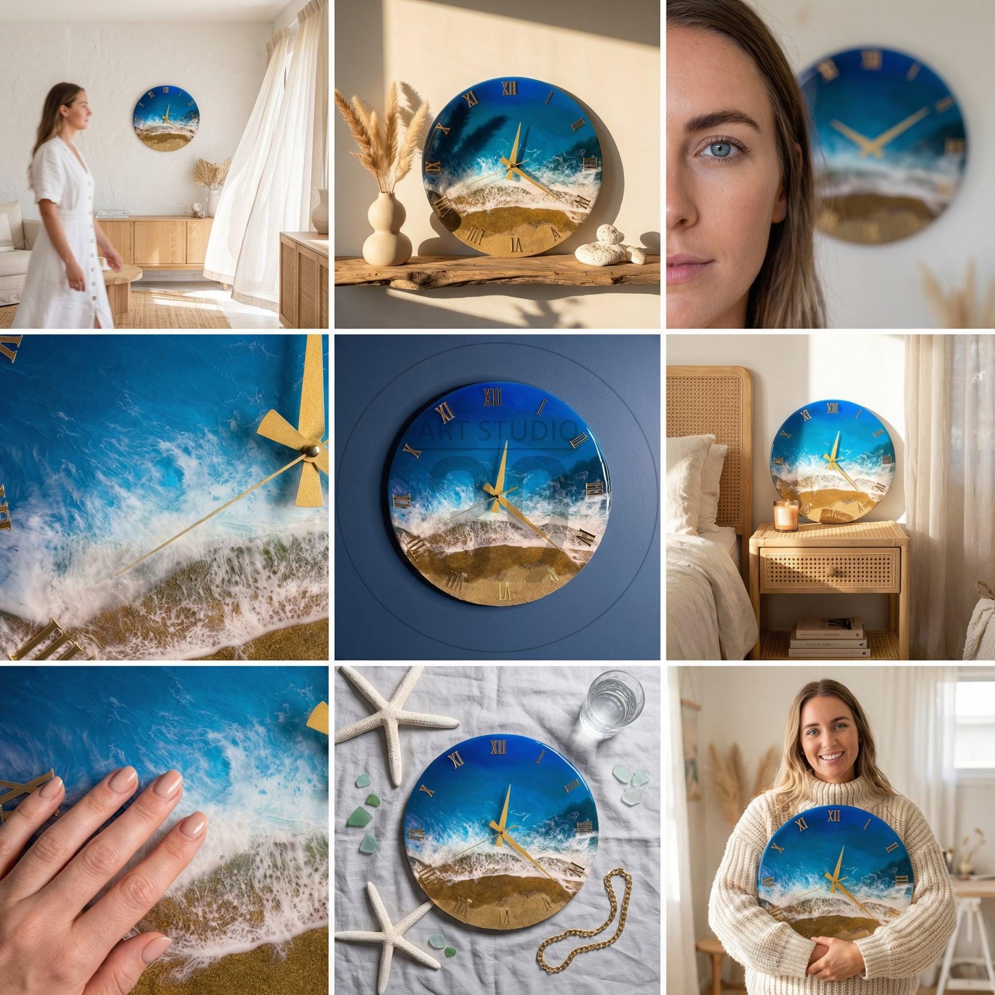 Round wall clock with a blue and gold ocean design. The clock face features a beach scene with waves, sand, and a blue sky. Gold hands and Roman numerals complete the design. The clock is a decorative piece for home decor.