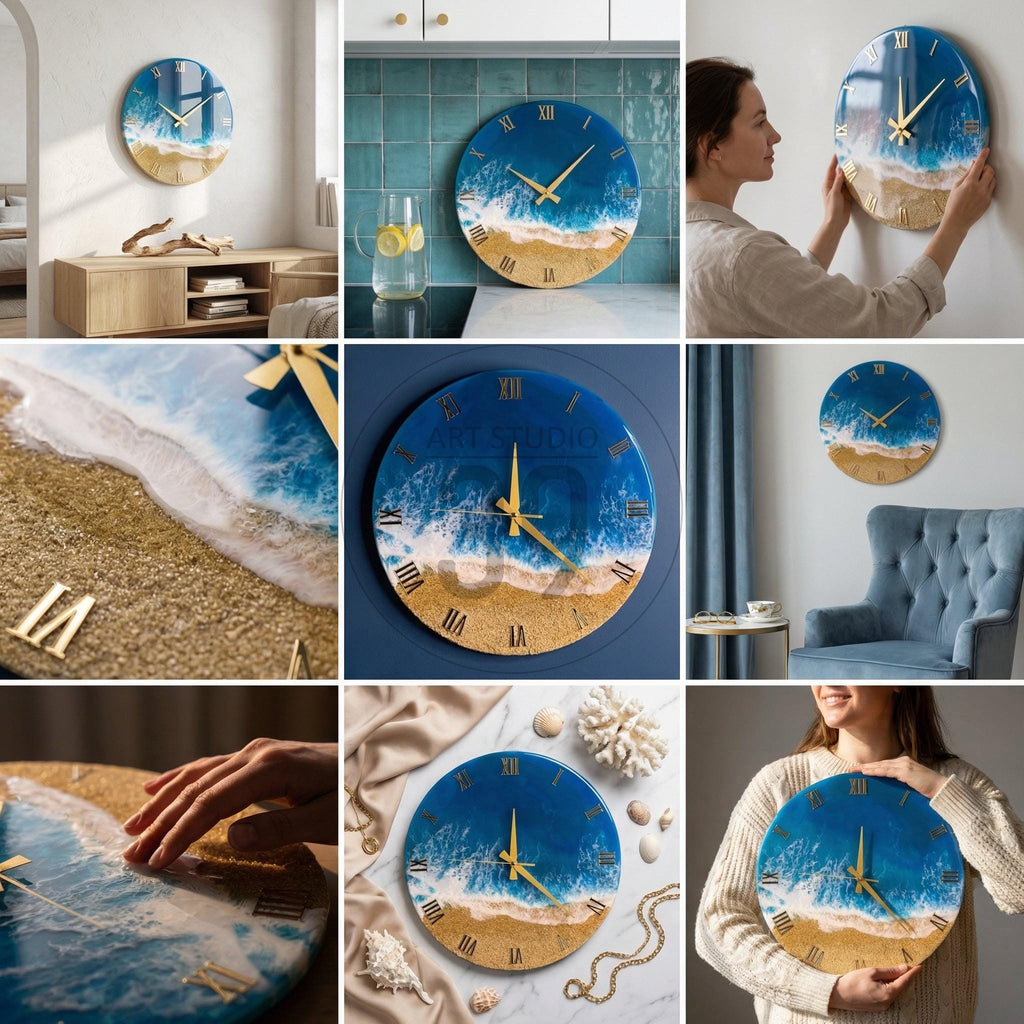 Round wall clock with a beach-themed design. The clock face features a blue ocean, white waves, and a sandy beach. Gold-colored Roman numerals and clock hands complete the design. The clock is a decorative item.