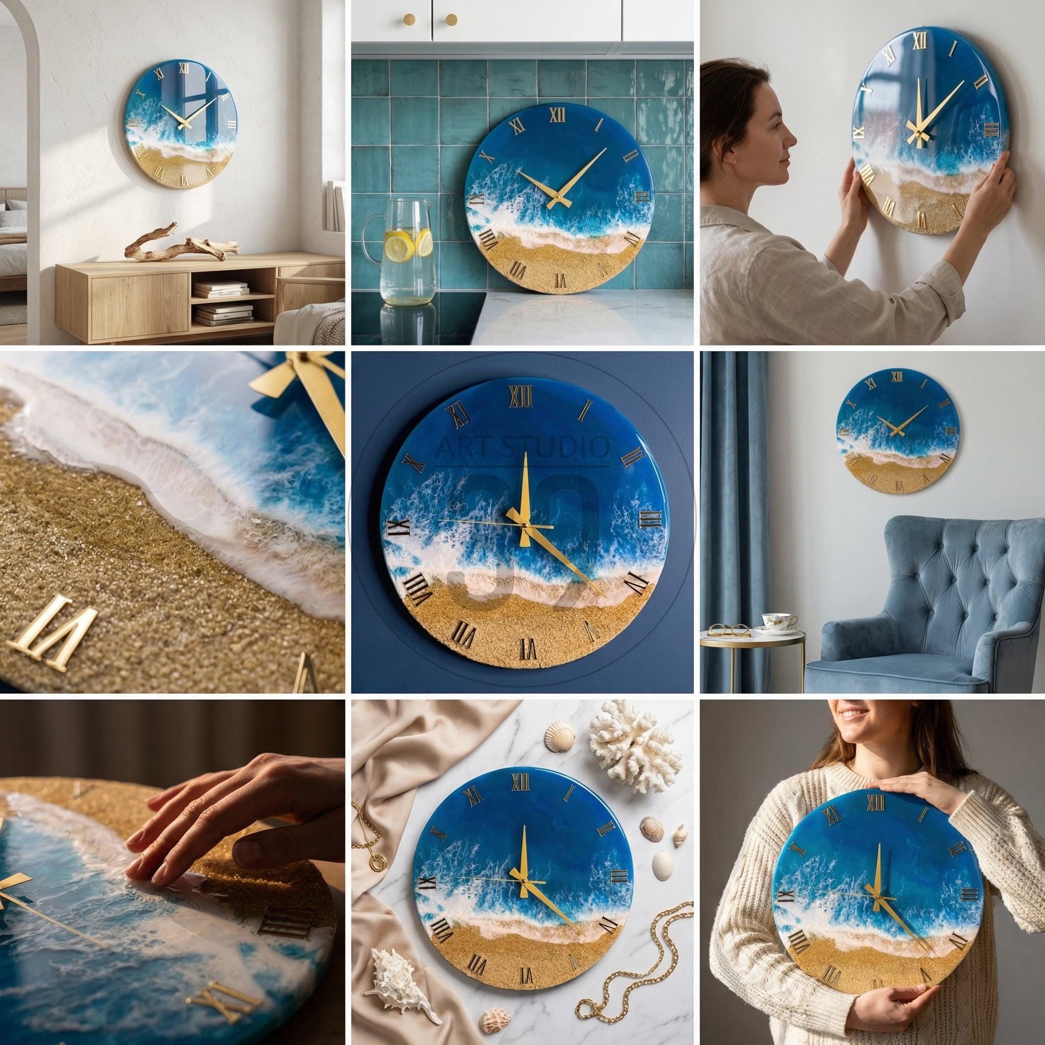 Round wall clock with a beach-themed design. The clock face features a blue ocean, white waves, and a sandy beach. Gold-colored Roman numerals and clock hands complete the design. The clock is a decorative item.