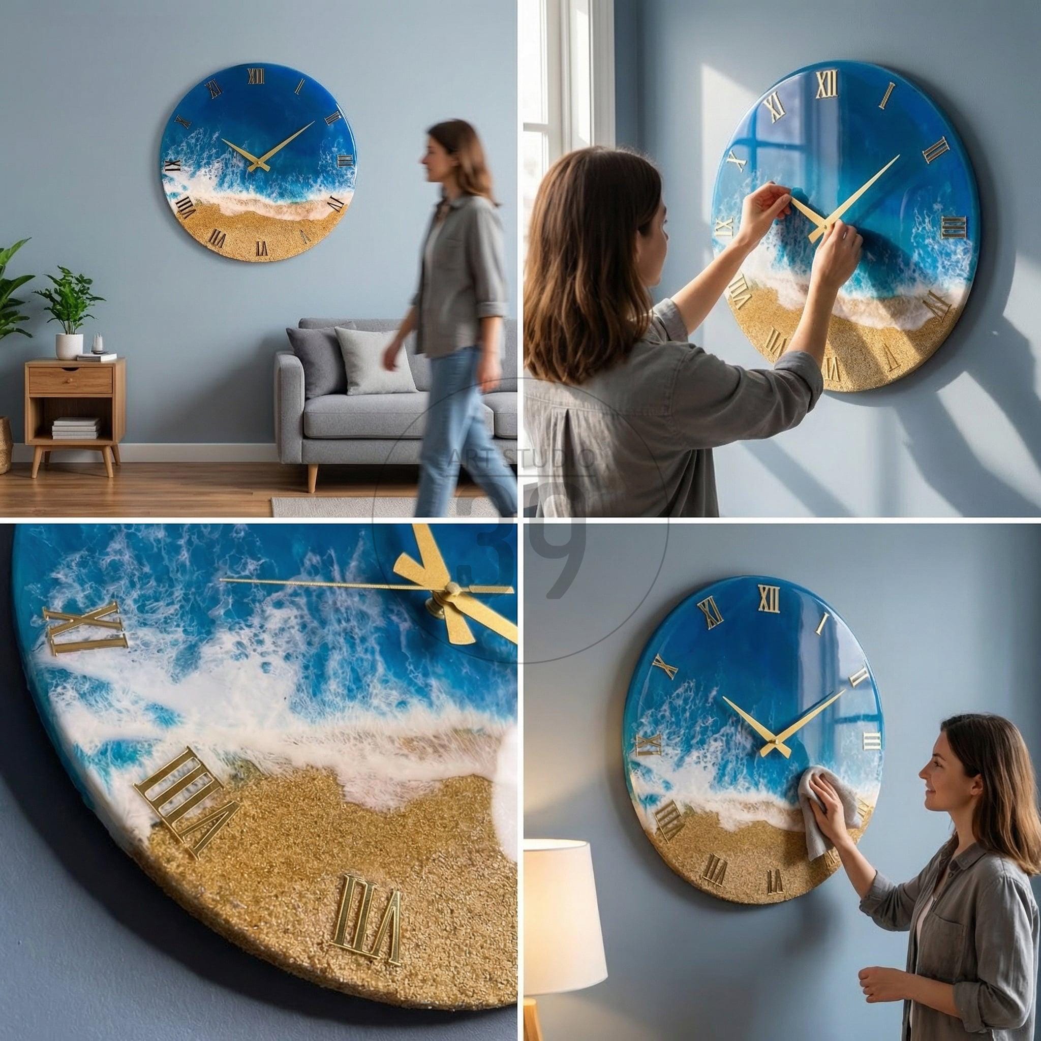 Round wall clock with a beach-themed design. The clock face features a blue ocean, white waves, and a sandy beach. Gold Roman numerals mark the hours, and gold hands indicate the time. The clock is approximately 16 inches in diameter.