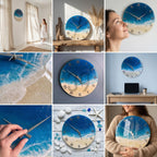 Round wall clock with a blue and white ocean wave design. The clock face features a sandy beach at the bottom and Roman numerals. The clock hands are silver. The clock is a decorative item.