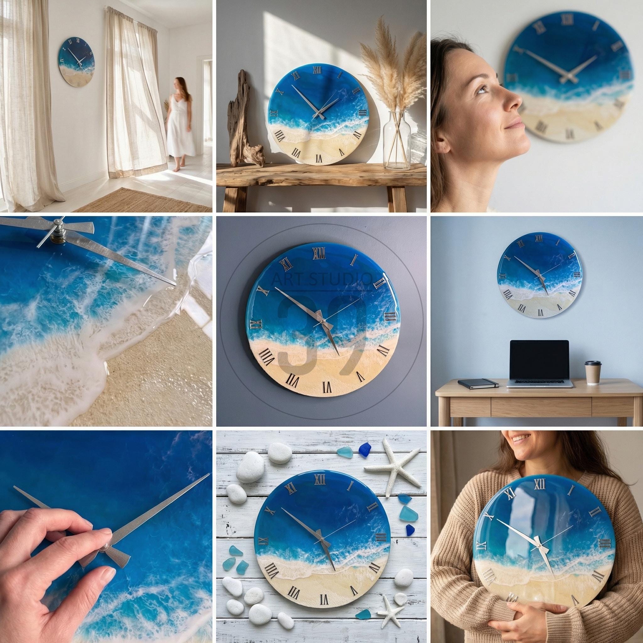 Round wall clock with a blue and white ocean wave design. The clock face features a sandy beach at the bottom and Roman numerals. The clock hands are silver. The clock is a decorative item.
