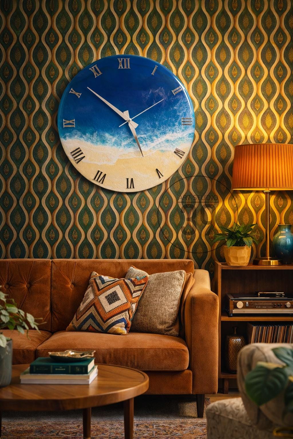 A round wall clock with a beach scene design. The clock face features a blue ocean, white waves, and a sandy beach. Roman numerals mark the hours. The clock is mounted on a patterned green and gold wallpaper.
