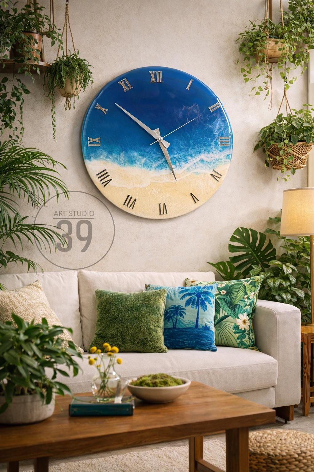 A large, round wall clock with a beach-themed design. The clock face features a blue and white ocean scene with Roman numerals. The clock is mounted on a light-colored wall, surrounded by plants and a sofa with pillows.
