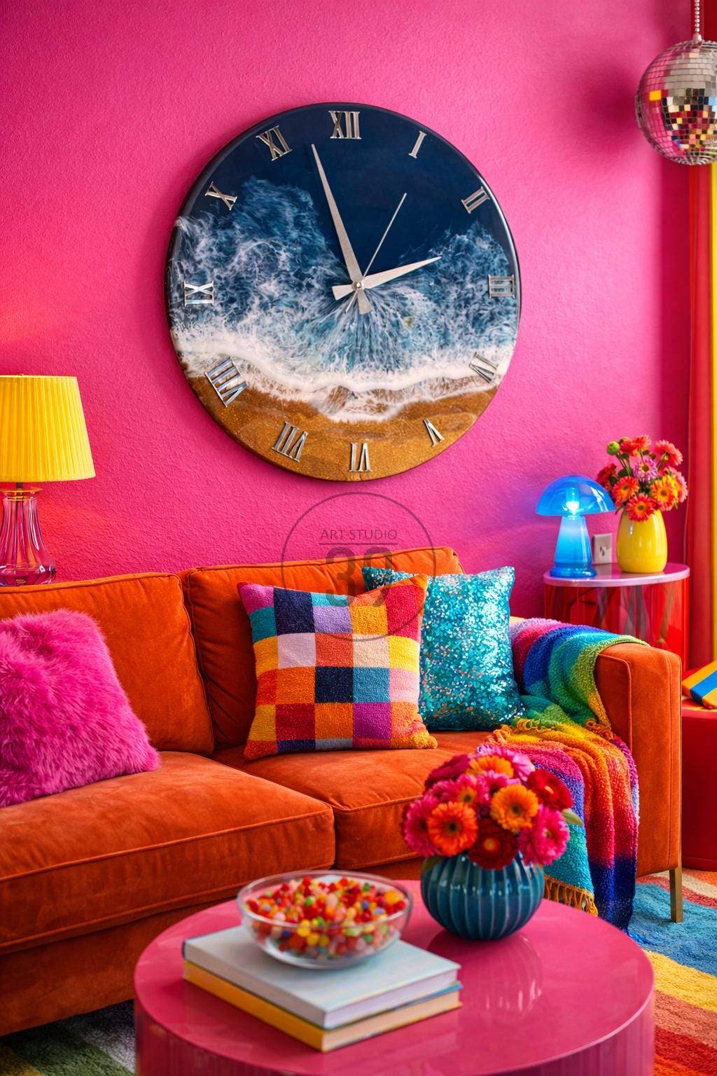 A vibrant living room with a large wall clock featuring a beach scene. The room has an orange sofa with colorful pillows and a rainbow throw. A pink coffee table holds a bowl of candy and books, with a yellow lamp and a disco ball adding to the decor.