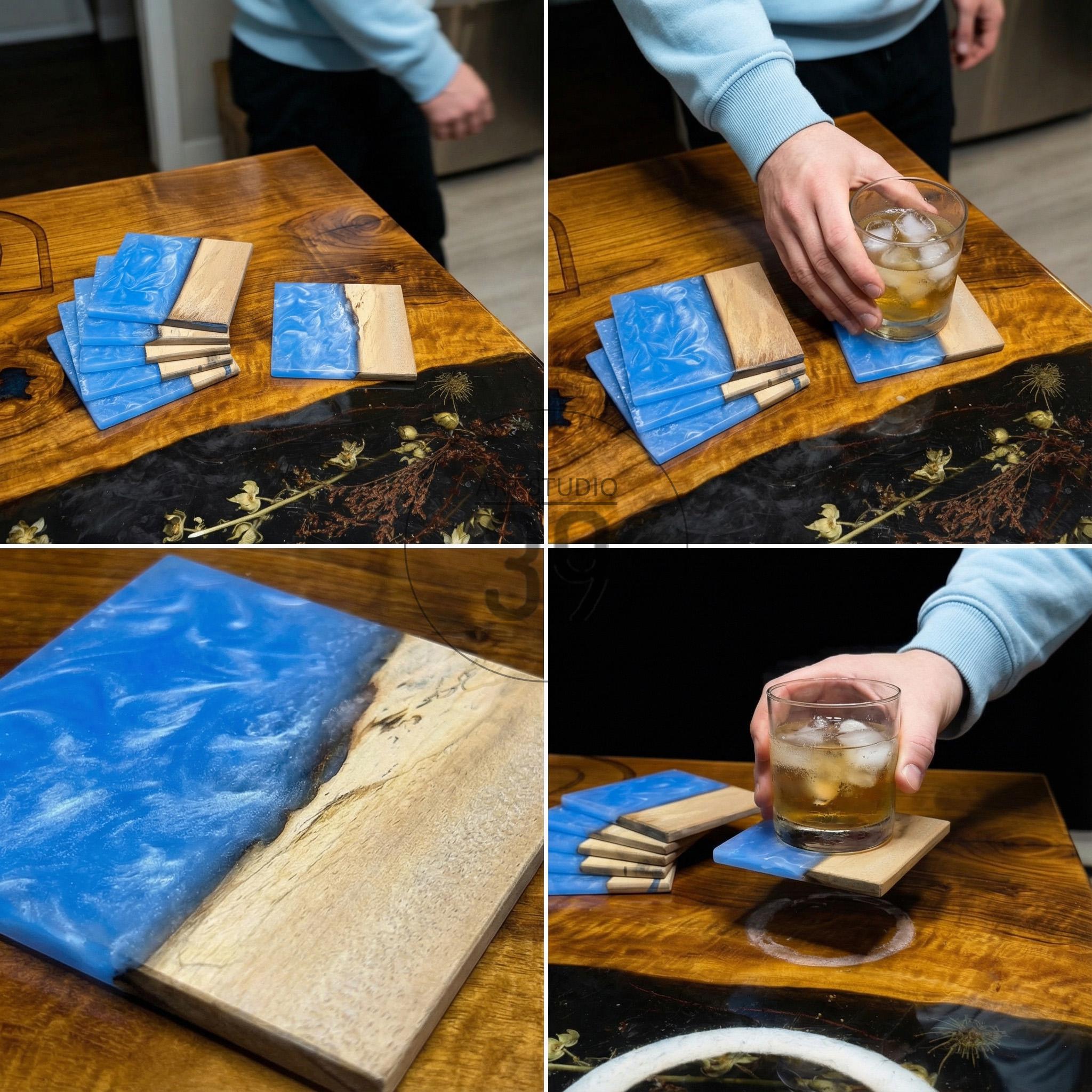 Handmade Walnut & Turquoise Resin Coaster Set, Personalized Wooden Coasters