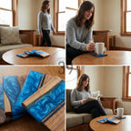 Wooden coasters with a blue resin design. The coasters have a rectangular shape with a wooden border and a vibrant blue resin center. The image shows the coasters on a wooden table and in use.