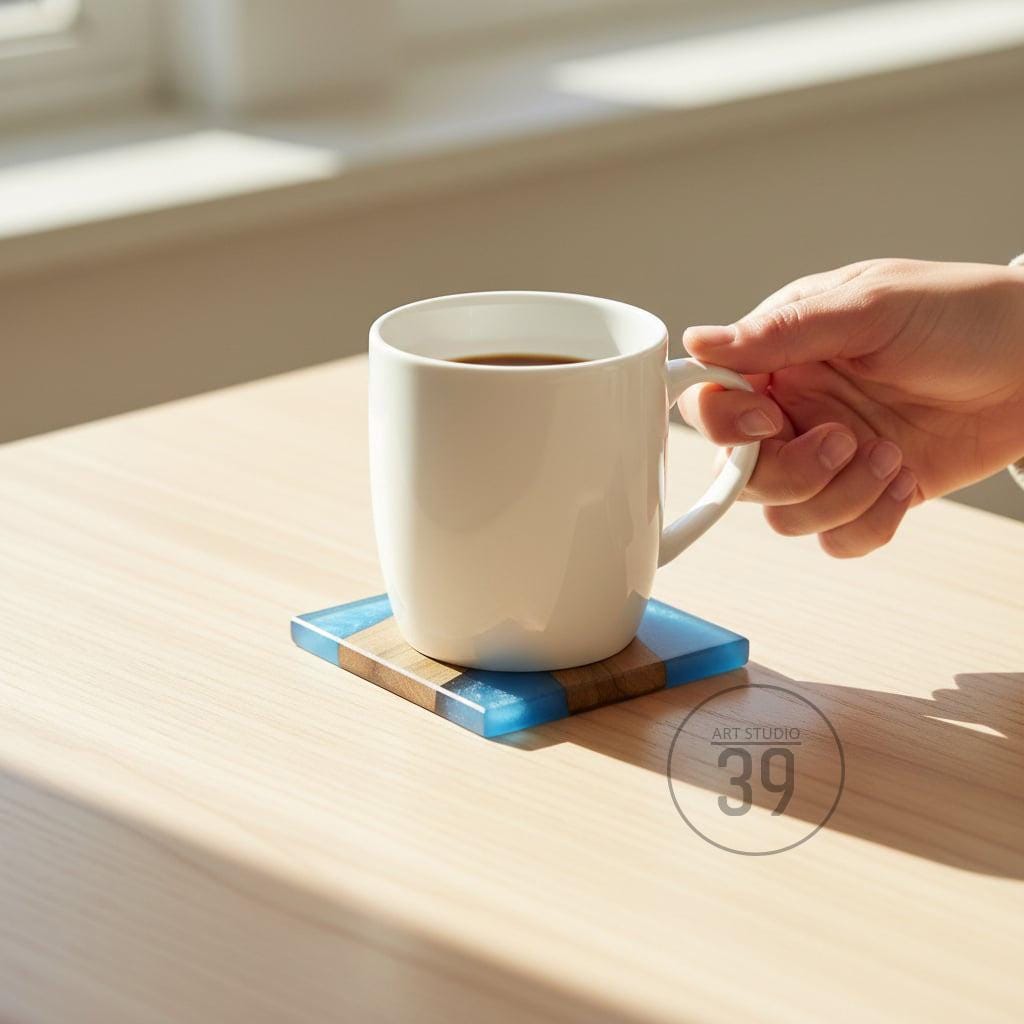 A white ceramic mug filled with coffee sits on a square wooden coaster with blue resin accents. The coaster is on a light-colored wooden surface. The mug is being held by a person. The image has a warm, natural light.