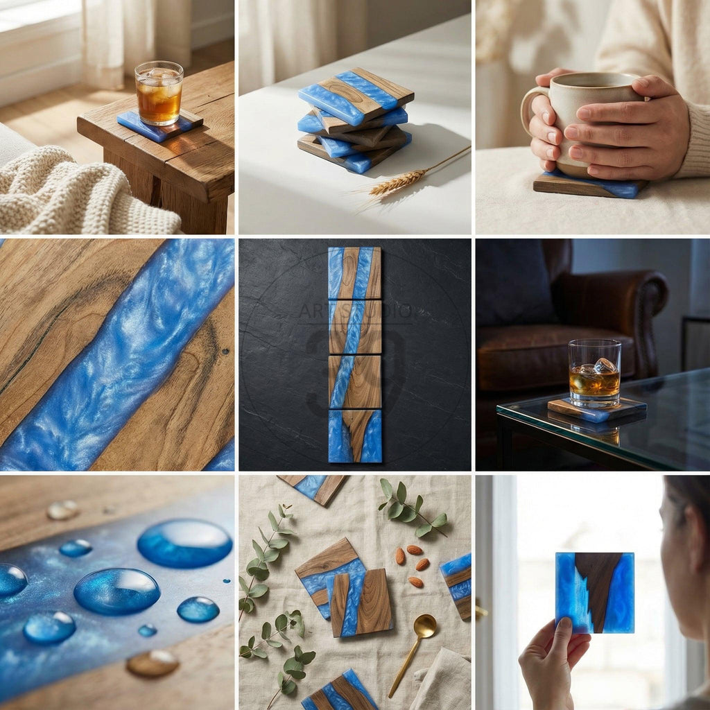 Wooden coasters with a blue resin river design. The coasters are square and feature a natural wood grain with a vibrant blue, river-like epoxy inlay. A set of coasters is stacked, and some are in use with drinks.