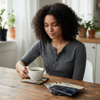 A white ceramic coffee cup on a wooden coaster with black and gray accents. Additional coasters with similar designs are on a wooden table. The coasters have a natural wood grain appearance.