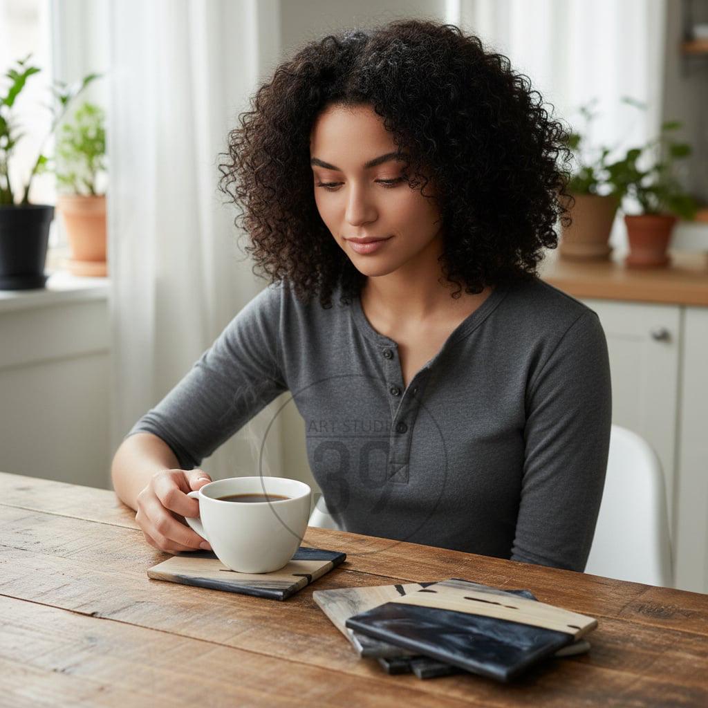 A white ceramic coffee cup on a wooden coaster with black and gray accents. Additional coasters with similar designs are on a wooden table. The coasters have a natural wood grain appearance.