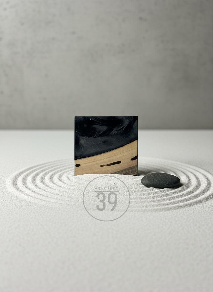 A square, black and wood-toned decorative object with a smooth, glossy finish. The object is set on a bed of white sand with a small, dark gray stone. The image includes the text "ART STUDIO 39".