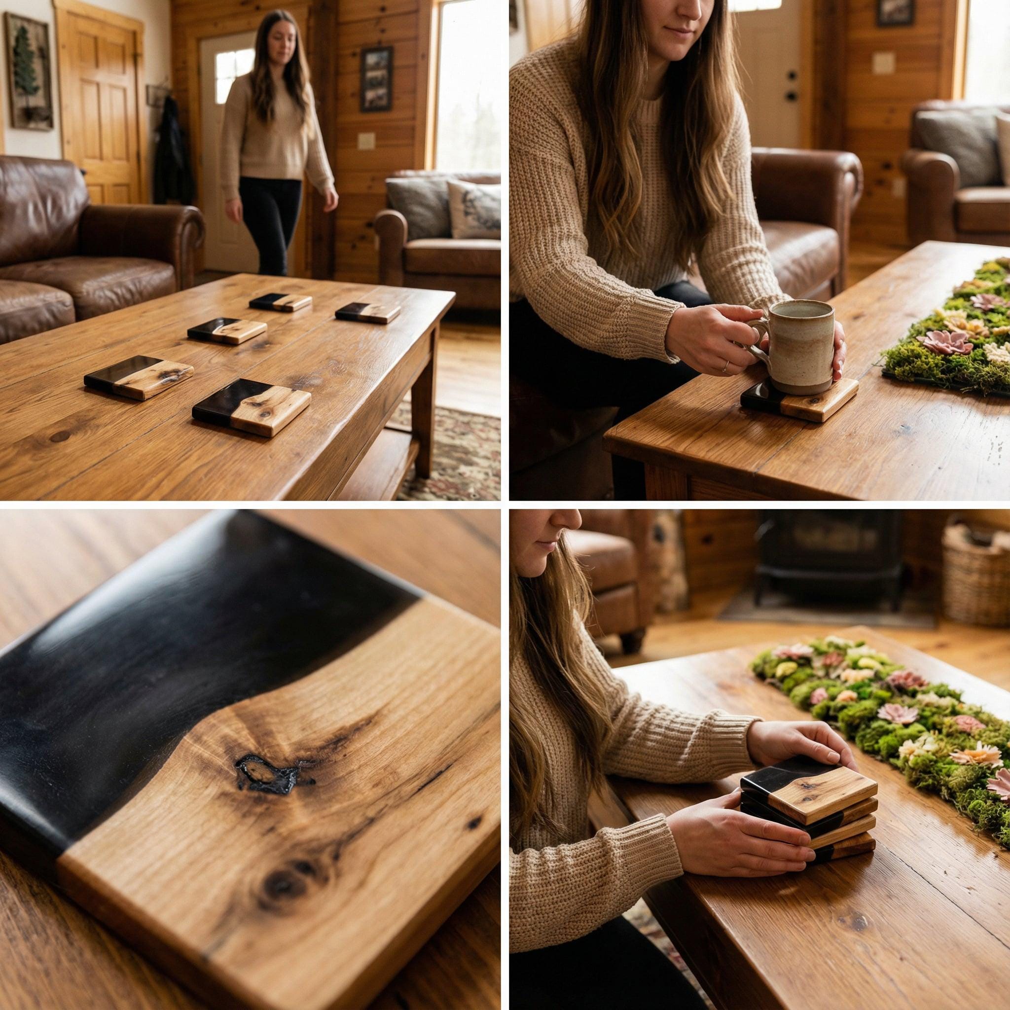 Handmade Walnut & Black Resin Coaster Set, Personalized Wooden Coasters