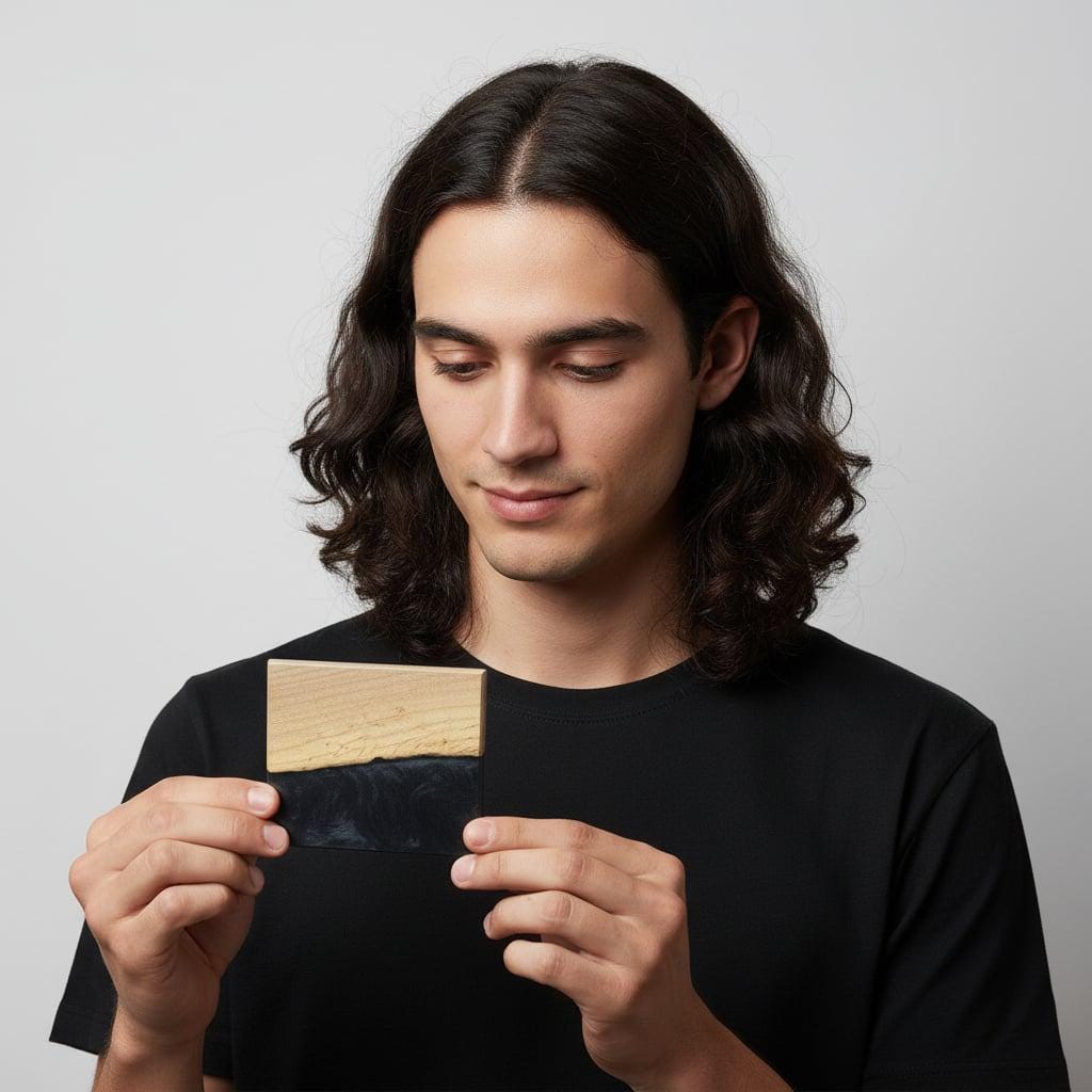 A rectangular wooden object with a light-colored wood top and a dark, marbled bottom. The object is being held up by a person wearing a black t-shirt. The background is a plain white.