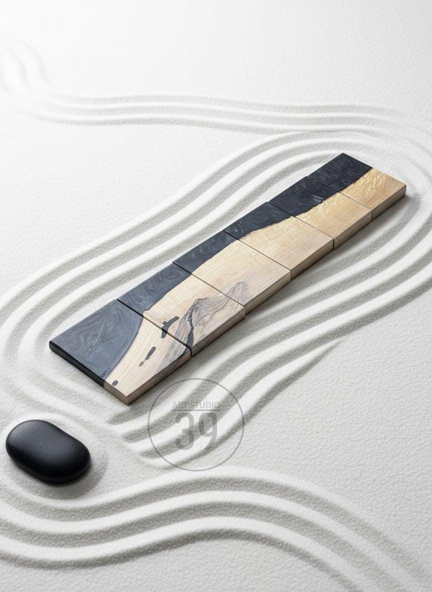A set of wooden coasters with a black and natural wood grain design. The coasters are arranged in a row on a white surface with a zen garden pattern. A black stone sits nearby. The coasters are approximately 4 inches long.