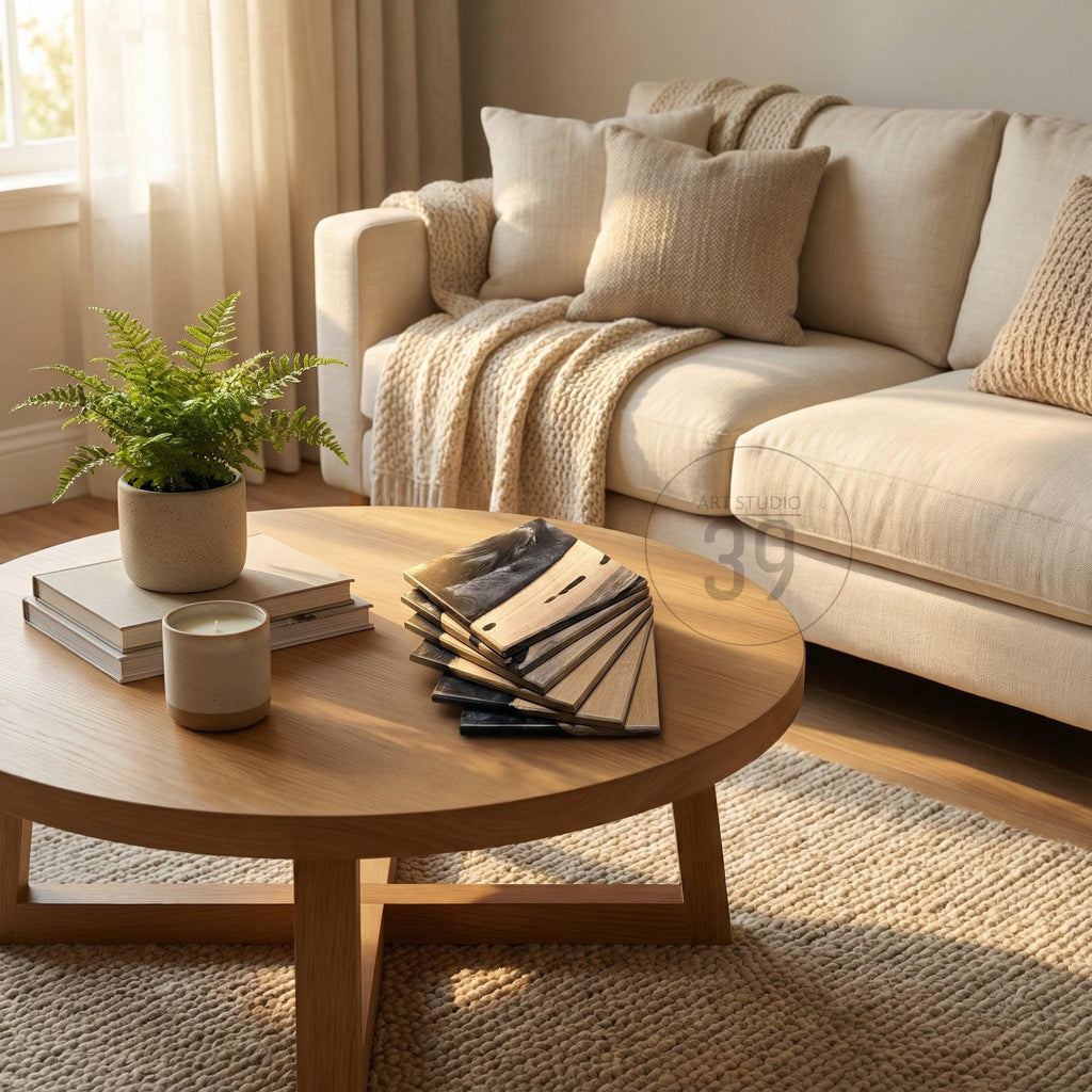 A living room scene featuring a round wooden coffee table with a stack of coasters, a candle, and a potted fern. A beige sofa with throw pillows and a blanket is in the background. The room has a neutral color palette with natural light.
