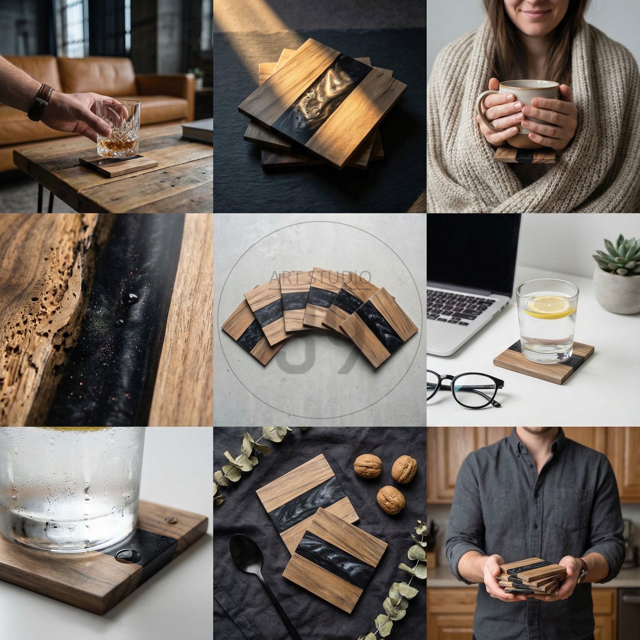 Wooden coasters with a dark epoxy resin inlay. The coasters are square, with a natural wood grain and a black resin river design. A set of coasters is shown in various settings, including with drinks and on a table.