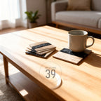 Wooden coasters with a black resin stripe and a coffee mug on a wooden table. The coasters have a natural wood grain pattern. The text "ART STUDIO 39" is in a circle on the table.