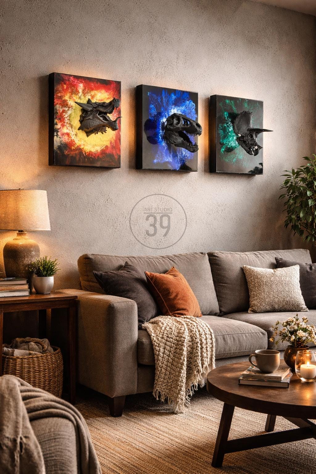 Three framed dinosaur head art pieces hang above a sofa. Each piece features a different dinosaur skull with a colorful background. The art is displayed in a living room setting with a lamp, side table, and coffee table.
