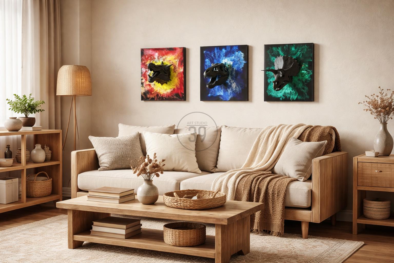 Three framed wall art pieces featuring dinosaur skull sculptures. Each canvas has a different background color: red and yellow, blue, and green. The artwork is displayed above a light-colored sofa in a living room setting.