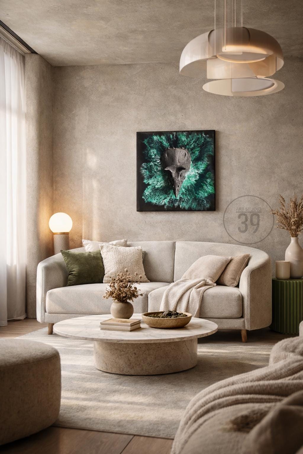 A modern living room with a neutral color palette. A light gray sofa is adorned with pillows and a throw blanket. A round marble coffee table sits in front of the sofa. A framed artwork with a skull design hangs on the wall. The room is decorated with a lamp and decorative vases.