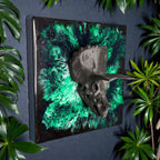A square wall art piece featuring a dark gray Triceratops skull emerging from a vibrant green and black background. The number "39" is visible in the upper left corner. The artwork is framed in a black border.