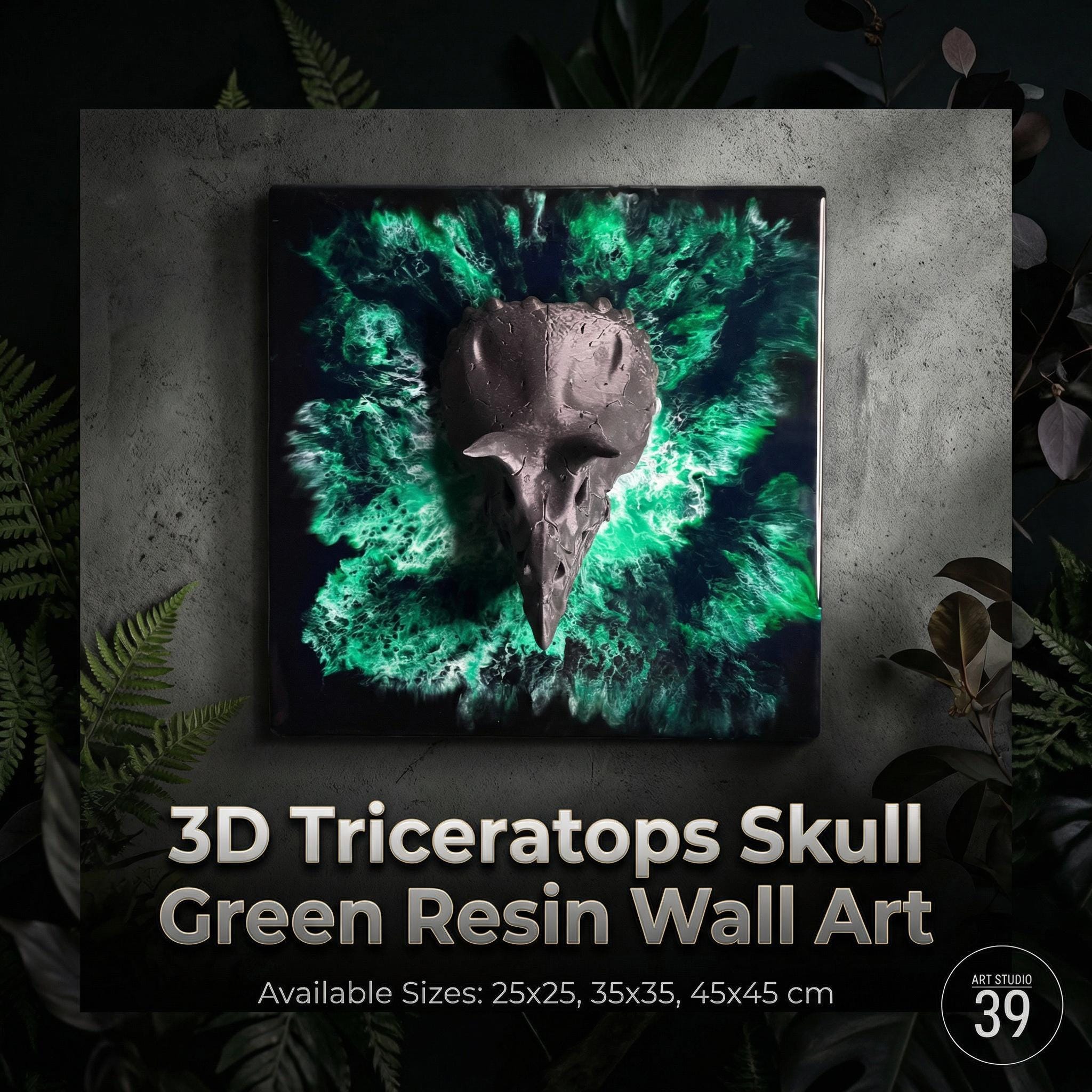 A 3D triceratops skull wall art piece. The skull is dark gray, set against a vibrant green and black resin background. The artwork is square, with available sizes of 25x25, 35x35, and 45x45 cm.