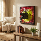 A framed artwork featuring a black dragon head with an open mouth, set against a vibrant background of red, yellow, and black swirls. The artwork is mounted on a wall, with a wooden table and books in the foreground.