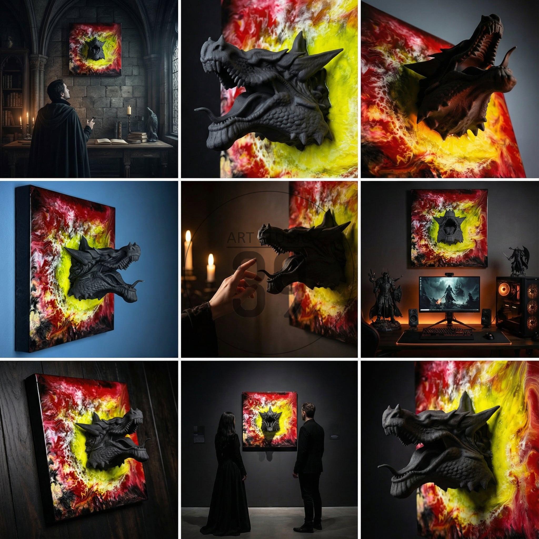 A black dragon head sculpture emerging from a square canvas. The canvas features a vibrant abstract design with red, yellow, and white colors. The dragon's head is detailed and textured, creating a 3D effect.