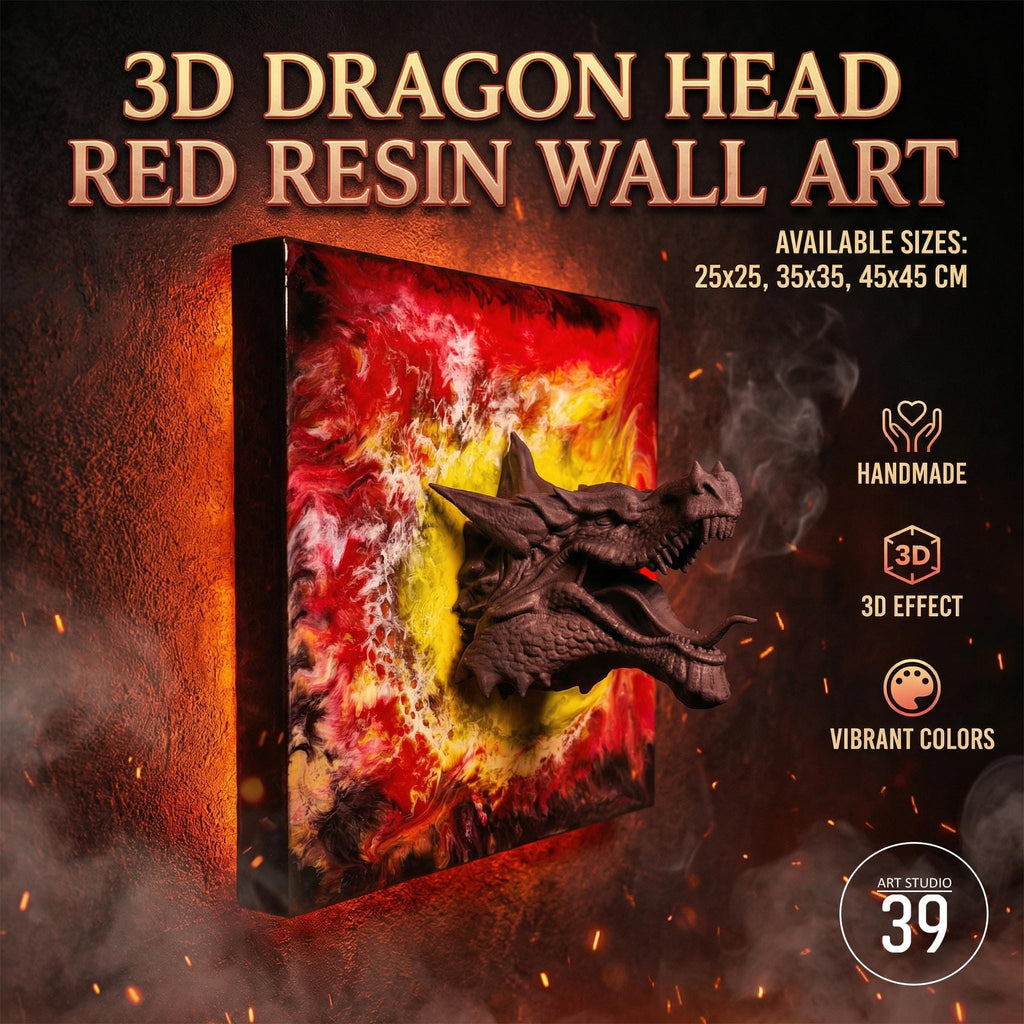3D dragon head wall art made of red resin. The artwork features a detailed dragon head emerging from a square canvas with vibrant red, yellow, and orange hues. Available sizes: 9.8x9.8, 13.8x13.8, 17.7x17.7 inches. Handmade with a 3D effect.