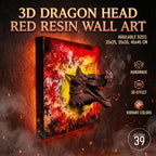 3D dragon head wall art made of red resin. The artwork features a detailed dragon head emerging from a square canvas with vibrant red, yellow, and orange hues. Available sizes: 9.8x9.8, 13.8x13.8, 17.7x17.7 inches. Handmade with a 3D effect.