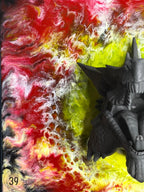 Abstract artwork with a vibrant background of swirling red, yellow, and white colors. A detailed, gray, three-dimensional sculpture of a creature is positioned on the right side. The artwork is signed "ART STUDIO 39".