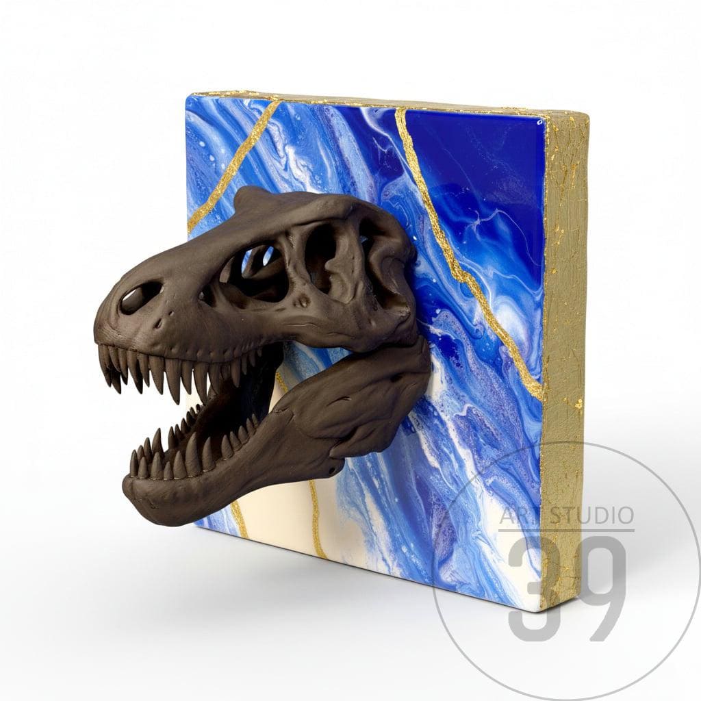 A dark brown dinosaur skull sculpture emerging from a blue and white abstract background with gold accents. The artwork is mounted on a square, gold-edged canvas. The studio logo "Art Studio 39" is visible.